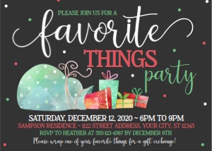 favorite things party invite-black-presents bag design preview