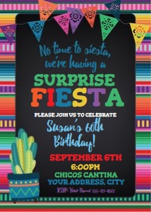 surprise birthday fiesta serape invite w cactus-banners-chalkboard design preview