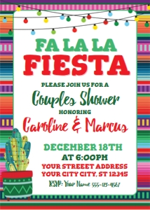 fiesta holiday invite-fa la la-serape-cactus-couples shower design preview