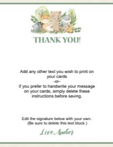 Baby Forest Woodland Animals Thank You Card: Invitation Baby Forest Woodland Animals