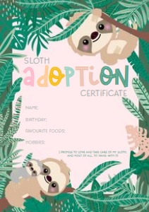 Sloth Adoption Certificate A5 size: Swinging Sloth Adoption Sign and Certificate