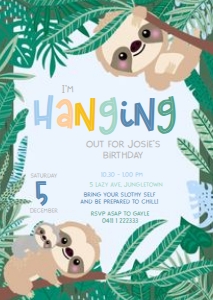Sloth A6 Invitation BLUE: Swinging Sloth Invitations BLUE