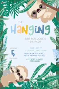Sloth 4x6 Inch Invitation BLUE: Swinging Sloth Invitations BLUE