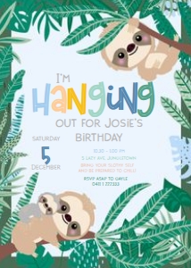 Sloth 5x7 Inch Invitation BLUE: Swinging Sloth Invitations BLUE