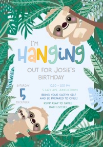 Sloth A5 Invitation BLUE: Swinging Sloth Invitations BLUE