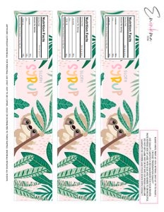 Sloth Drink Bottle Labels LETTER: Swinging Sloth Drink Bottle Labels
