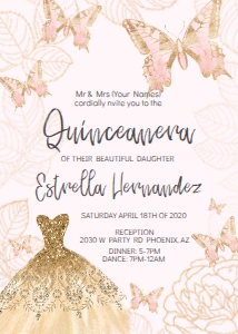 Pink and Gold Butterfly/Dress Quinceanera- Invitation STyle Estrella design preview