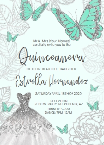 Mint and Silver Butterfly/Dress Quinceanera- Invitation design preview