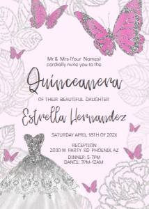 Pink and Silver Butterfly/Dress Quince Invitation Style: Estrella: Pink and Silver Butterfly/Dress Quince Invitation Style: Estrella