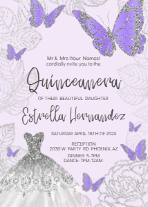 Purple and Silver Butterfly/Dress Quince- Invitation Style: Estrella design preview