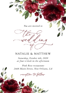 Burgundy Flowers Wedding Invitation, Wedding Stationery, Printable File, SH02: Burgundy Red Flowers Wedding Invitation Suite