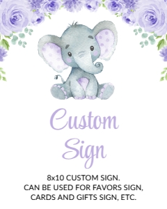 Cute Elephant Custom Sign, Printable File, SH18 SH100, 8x10: Cute Elephant and Purple Flowers First Birthday Custom Sign
