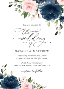 Navy Blue and Blush Pink Flowers Wedding Invitation Suite design preview