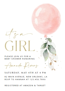 Pink Balloon and Eucalyptus Leaves Baby Shower Invitation design preview