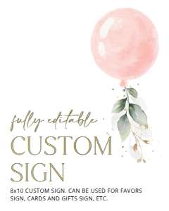 Pink Balloon and Eucalyptus Leaves Custom Sign - Baby Shower Sign design preview
