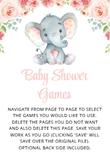 Little Elephant and Pink Flowers Baby Shower Set of 3 Games design preview