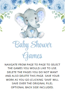 Baby Elephant and Blue Flowers Baby Shower Set of 3 Games design preview