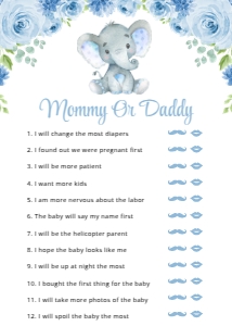 Baby Elephant Baby Shower Games, Boy Baby Shower, Printable File, SH08: Baby Elephant and Blue Flowers Baby Shower Set of 3 Games