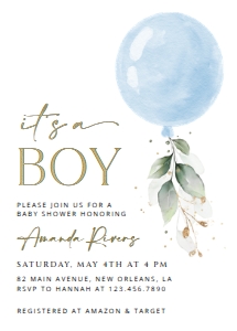Blue Balloon and Eucalyptus Leaves Baby Shower Invitation Suite design preview