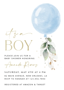 Blue Balloon Baby Shower Invitation, Boy Baby Shower, Printable File, SH15: Blue Balloon and Eucalyptus Leaves Baby Shower Invitation Suite