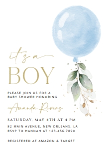 Blue Balloon and Eucalyptus Leaves Baby Shower Invitation design preview