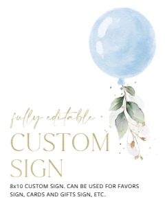 Blue Balloon Custom Sign, Baby Shower Sign, Printable File, SH15, 8x10: Blue Balloon and Eucalyptus Leaves Baby Shower Custom Sign