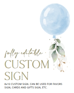 Blue Balloon and Eucalyptus Leaves Baby Shower Custom Sign design preview
