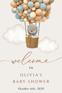 Bear and Blue Balloons Welcome Sign, Baby Shower Sign, Printable File, SH17, 24x36: Teddy Bear and Blue Balloons Welcome Sign - Baby Shower Sign