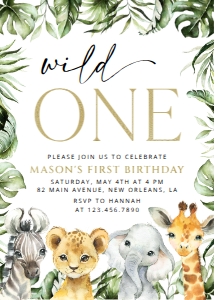 Jungle Animals and Palm Leaves First Birthday Invitation design preview