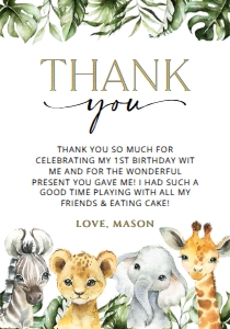 Jungle Animals and Palm Leaves First Birthday Thank You Card design preview