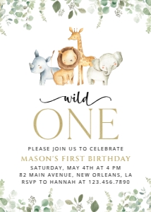 Safari Animals First Birthday Invitation, Boy Birthday, Printable File, SH23: Safari Animals and Greenery First Birthday Invitation