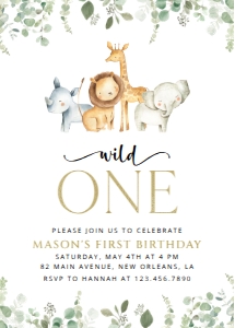 Safari Animals and Greenery First Birthday Invitation design preview
