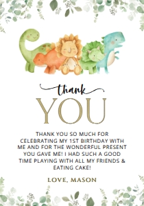 Cute Dinosaurs and Greenery First Birthday Thank You Card design preview
