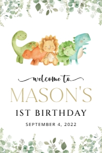 Cute Dinosaurs Welcome Sign, First Birthday, Boy Birthday, Printable File, SH25 24x36: Cute Dinosaurs and Greenery Welcome Sign - First Birthday Sign