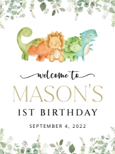 Cute Dinosaurs Welcome Sign, First Birthday, Boy Birthday, Printable File, SH25 18x24: Cute Dinosaurs and Greenery Welcome Sign - First Birthday Sign