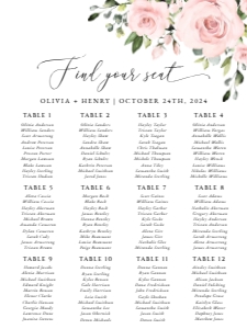 Blush Pink Flowers Seating Chart, Wedding Sign, Printable File, SH03, 18x24: Blush Pink Flowers Seating Chart - Wedding Sign