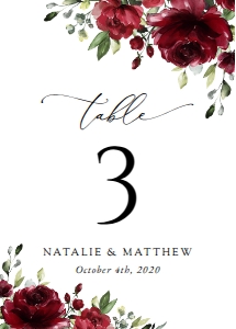 Burgundy Red Flowers Wedding Table Number Sign design preview