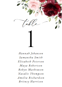 Burgundy and Blush Pink Flowers Wedding Seating Cards design preview