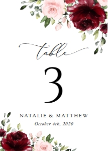 Burgundy and Blush Pink Flowers Wedding Table Number Sign design preview