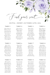 Purple Flowers Seating Chart, Wedding Sign, Printable File, SH29, 24x36: Purple Flowers Seating Chart - Wedding Sign