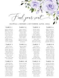 Purple Flowers Seating Chart, Wedding Sign, Printable File, SH29, 18x24: Purple Flowers Seating Chart - Wedding Sign