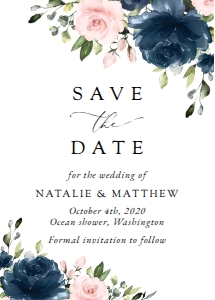 Navy Blue and Blush Pink Flowers Wedding Save the Date design preview