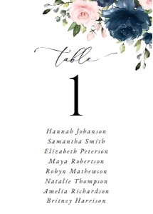 Navy Blue and Blush Pink Flowers Wedding Seating Cards design preview