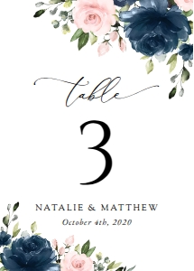 Navy Blue and Blush Pink Flowers Wedding Table Number Sign design preview