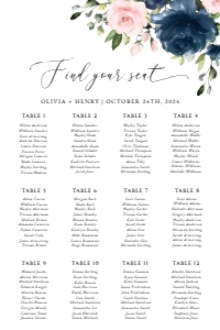 Navy and Pink Flowers Seating Chart, Wedding Sign, Printable File, SH04, 24x36: Navy Blue and Blush Pink Flowers Seating Chart - Wedding Sign
