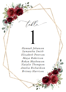 Burgundy Red Flowers Wedding Seating Cards design preview