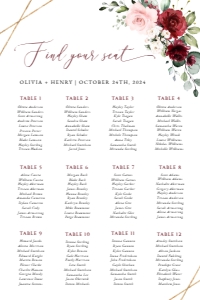 Burgundy and Pink Flowers Seating Chart, Wedding Sign, Printable File, SH36, 24x36: Burgundy and Blush Pink Flowers Wedding Bundle - Party Items