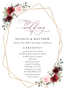 Burgundy and Pink Flowers Wedding Program, Wedding Stationery, Printable File, SH36, 5x7: Burgundy and Blush Pink Flowers Wedding Bundle - Party Items
