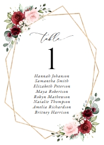 Burgundy and Blush Pink Flowers Wedding Seating Cards design preview