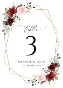 Burgundy and Blush Pink Flowers Wedding Table Number Sign design preview